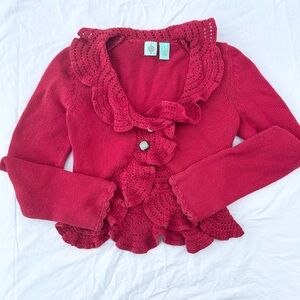 Anthropologie HWR Red Ruffle Cardigan, Boho Knitwear Whimsygoth Coquette